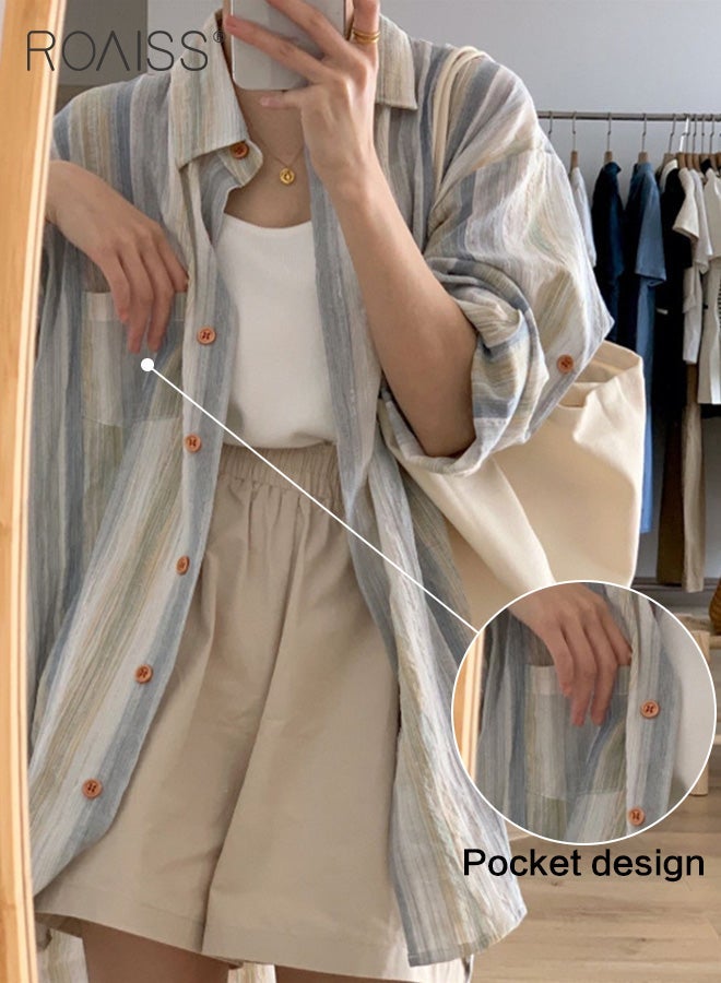 رويس قميص واقٍ من الشمس مخطط للنساء، كارديجان متعدد الاستخدامات وخفيف الوزن بأكمام طويلة مع ياقة كلاسيكية وإغلاق بأزرار، مثالي للتنقل اليومي والأنشطة الخارجية، يوفر الحماية من الشمس وقصة فضفاضة مريحة - Image 4